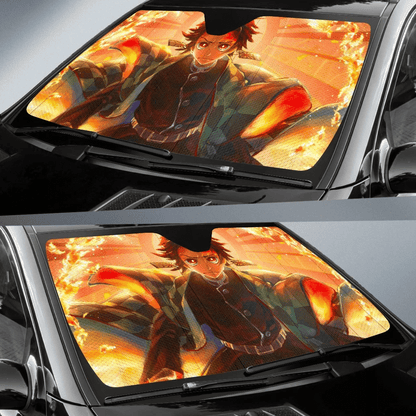 Demon Slayer Windshield Shade Tanjiro Fire Circle Car Sun Shade Demon Slayer Car Sun Shade