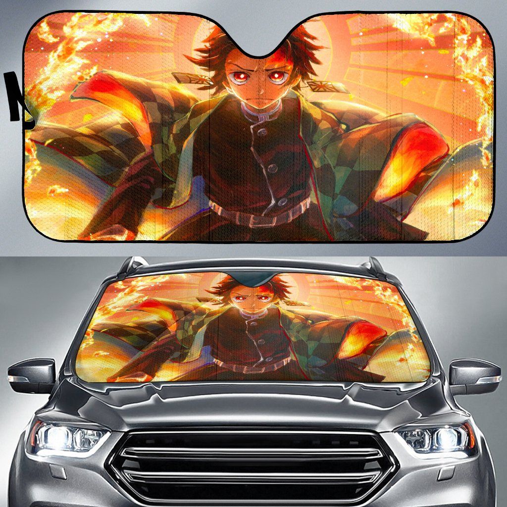 Demon Slayer Windshield Shade Tanjiro Fire Circle Car Sun Shade Demon Slayer Car Sun Shade