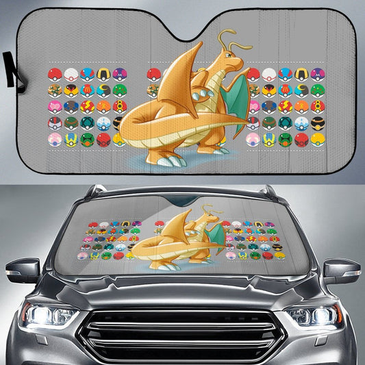 Pokemon Windshield Shade Dragonite Render With Colorful Pokeballs Car Sun Shade Pokemon Car Sun Shade