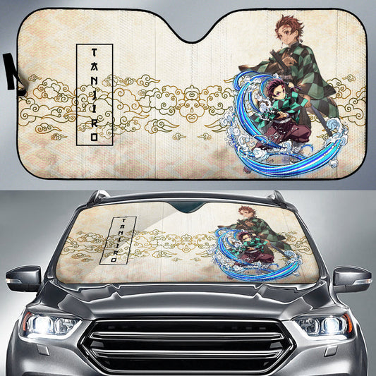 Demon Slayer Windshield Shade Tanjiro Water Breath Power Vintage Cloud Pattern Car Sun Shade Demon Slayer Car Sun Shade