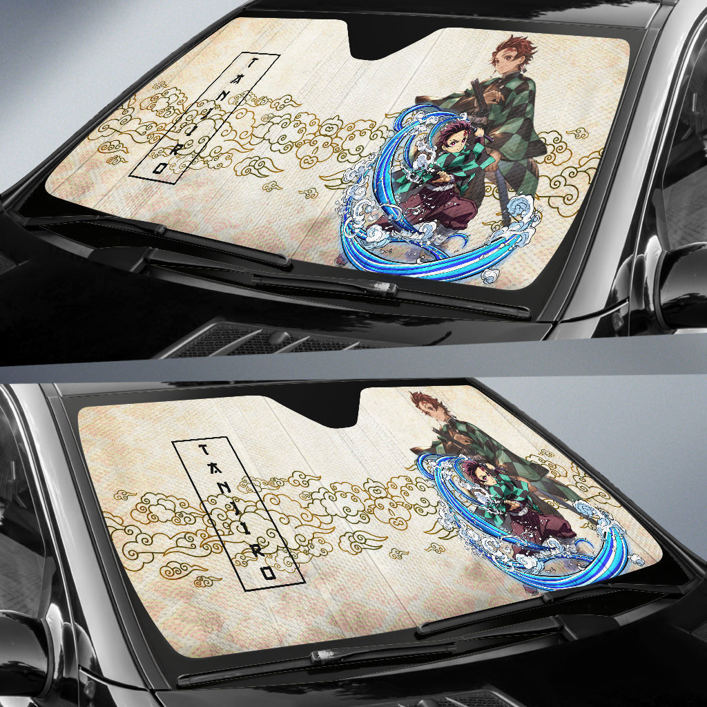 Demon Slayer Windshield Shade Tanjiro Water Breath Power Vintage Cloud Pattern Car Sun Shade Demon Slayer Car Sun Shade