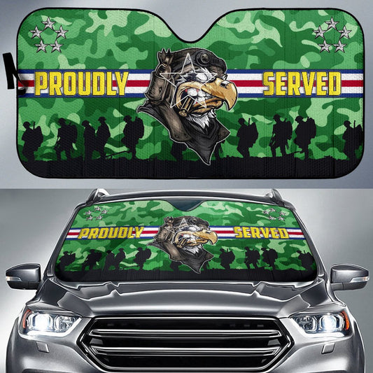 4th Of July Windshield Shade Proudly Served US Army Soldier Silhouette Green Car Sun Shade Independence Day Car Sun Shade Veteran Car Sun Shade
