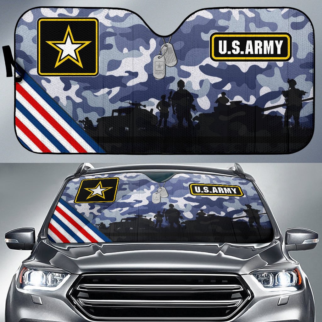 4th Of July Windshield Shade US Army Silhouette Star Dogs Tags Car Sun Shade Independence Day Car Sun Shade Veteran Car Sun Shade