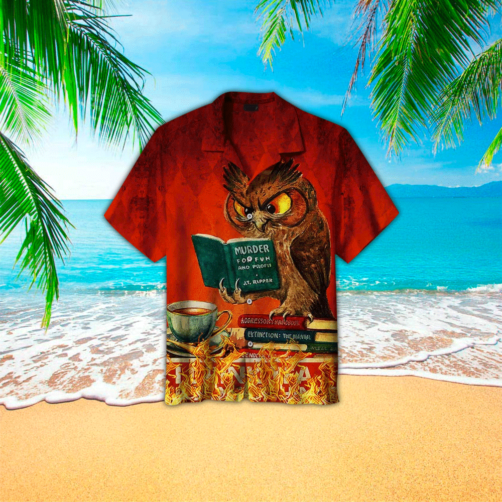 Book Hawaiian Shirt Owls Reading Book Red Aloha Shirt