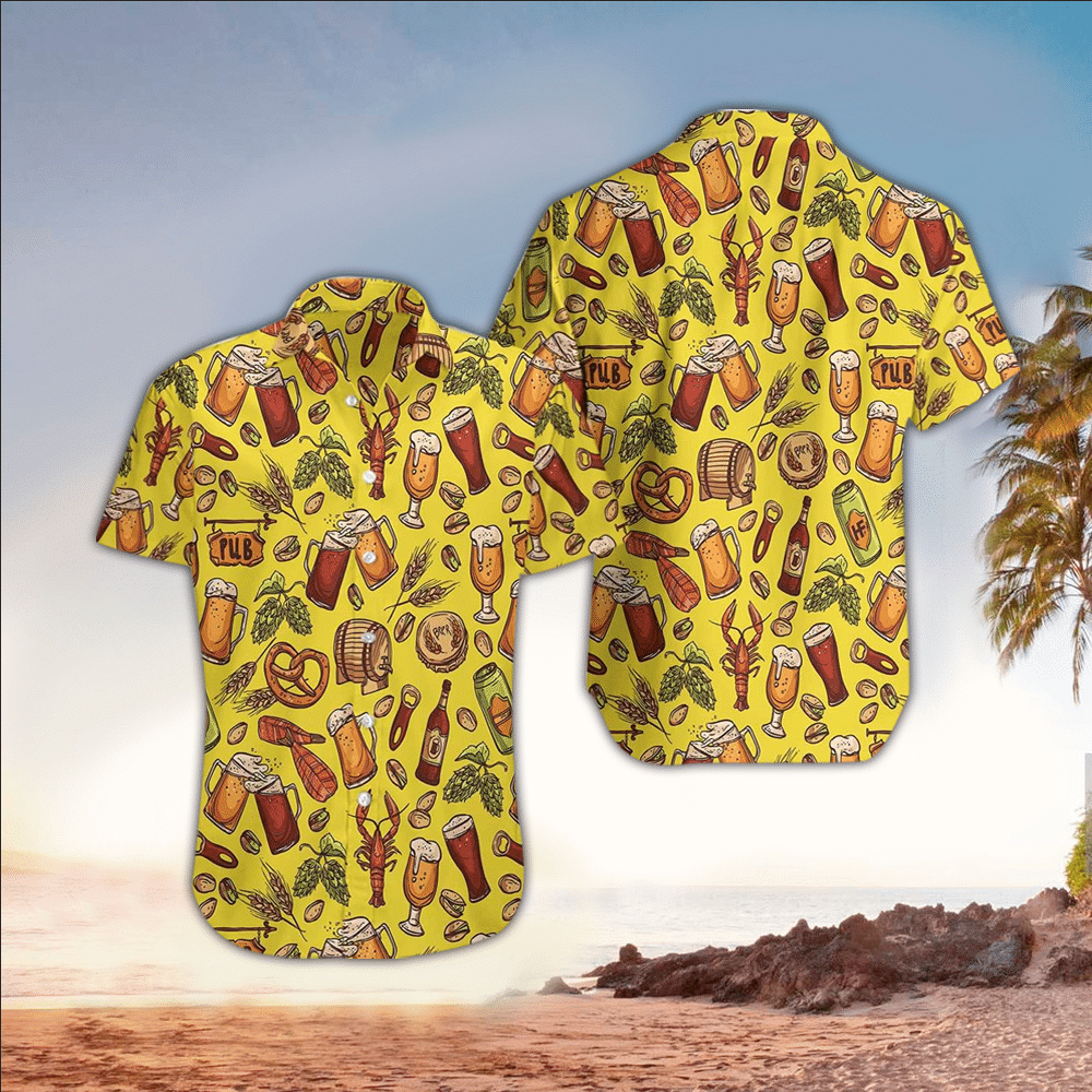 Beer Hawaiian Shirt Beer Pub And Food Yellow Aloha Shirt