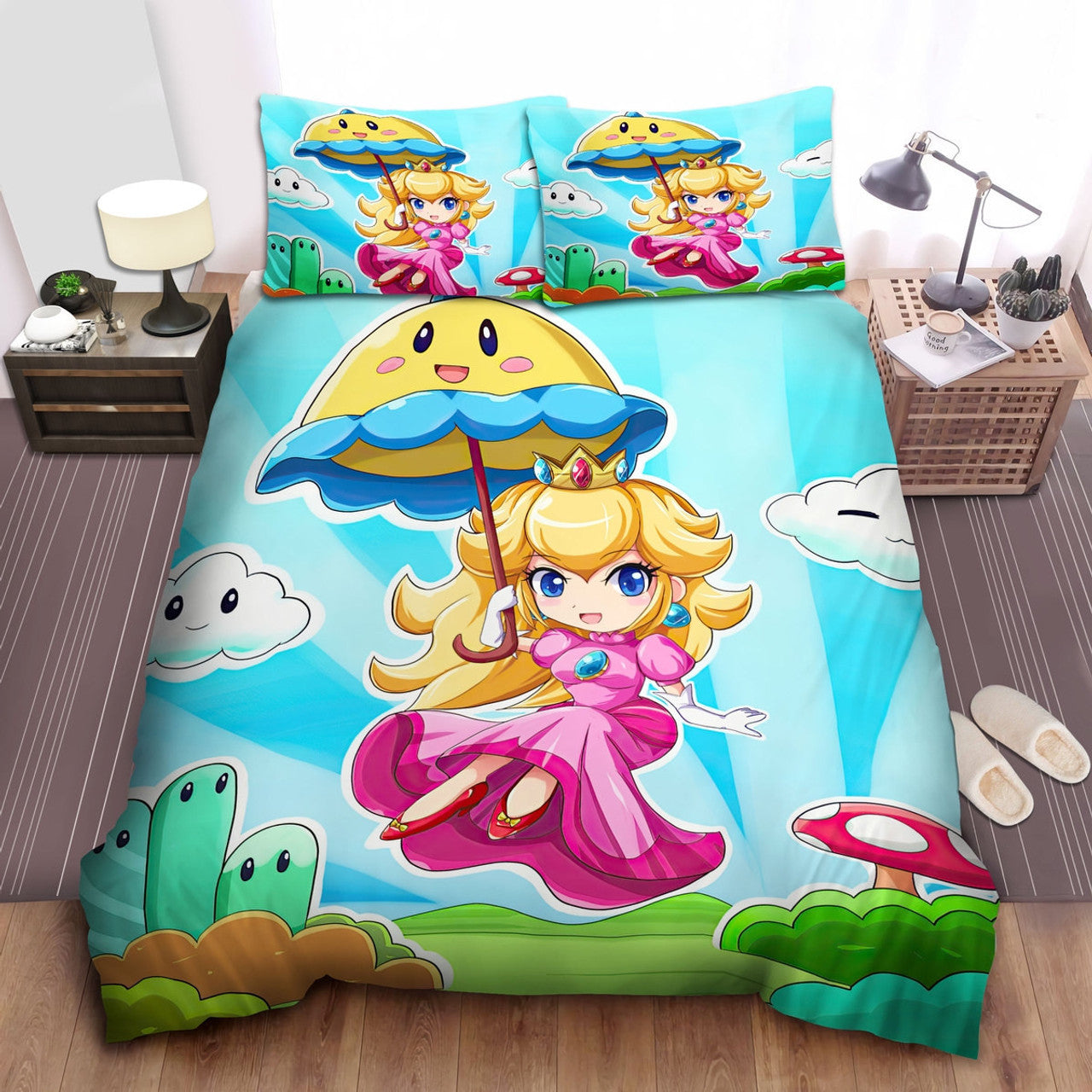 Mario Bedding Set Chibi Princess Peach Graphic Duvet Covers Colorful Unique Gift