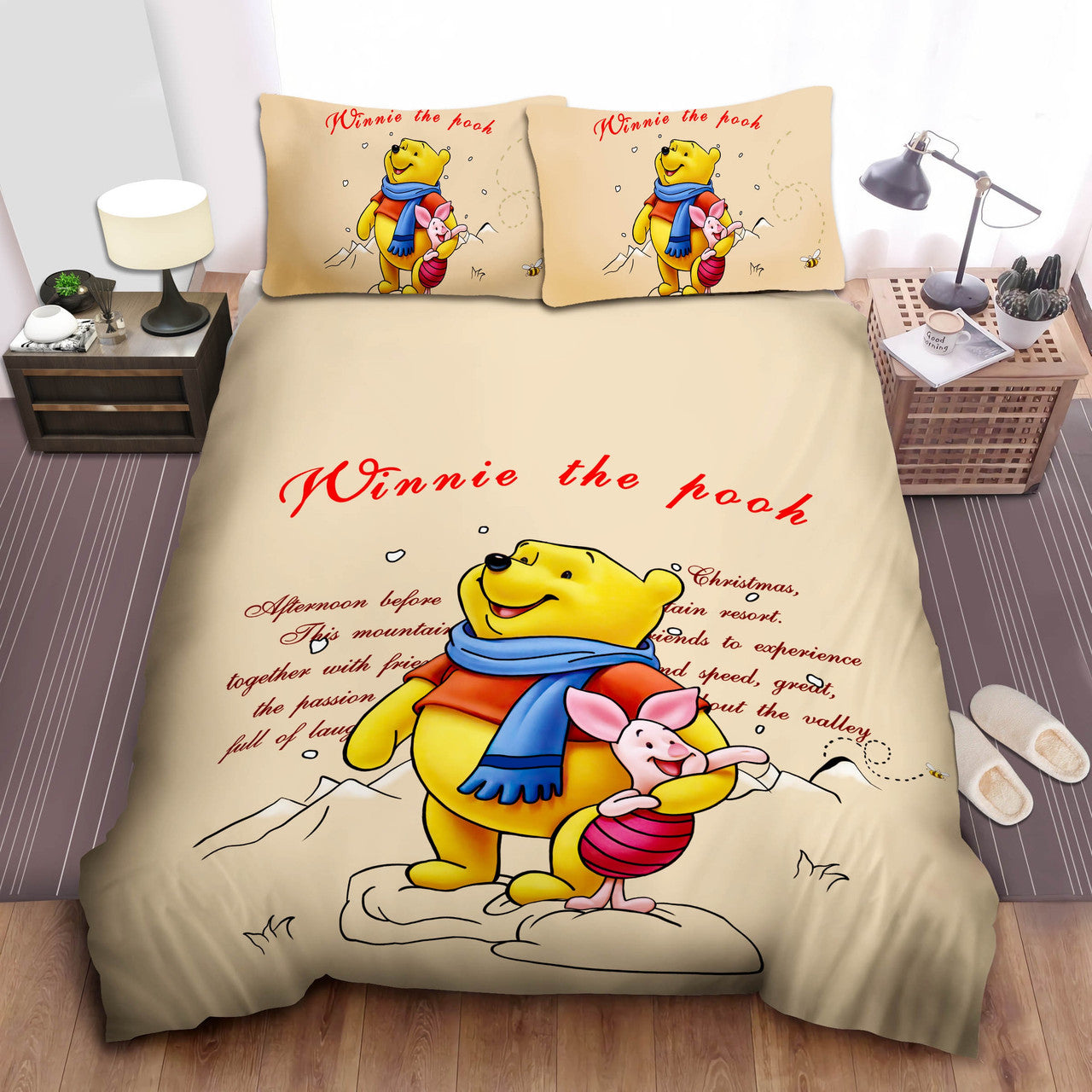 WTP Bedding Set DN Pooh And Piglet Playing Snow Duvet Covers Colorful Unique Gift