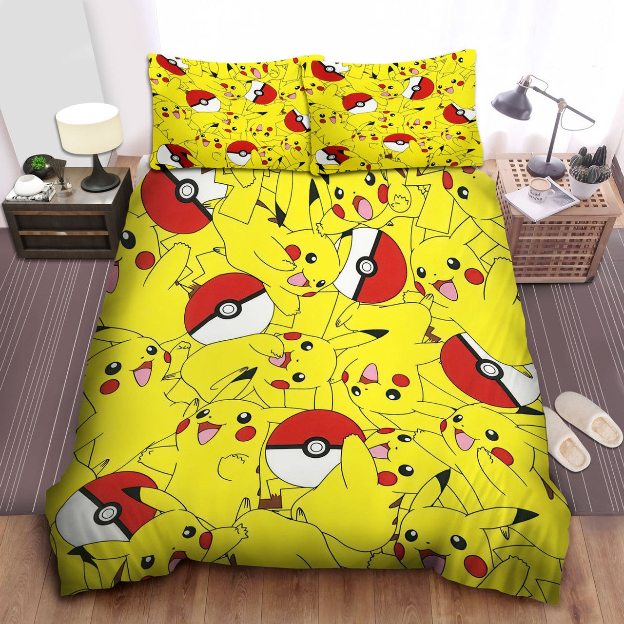 PKM Bedding Set Pikachu With Pokeball Doodle Pattern Duvet Covers Yellow Unique Gift