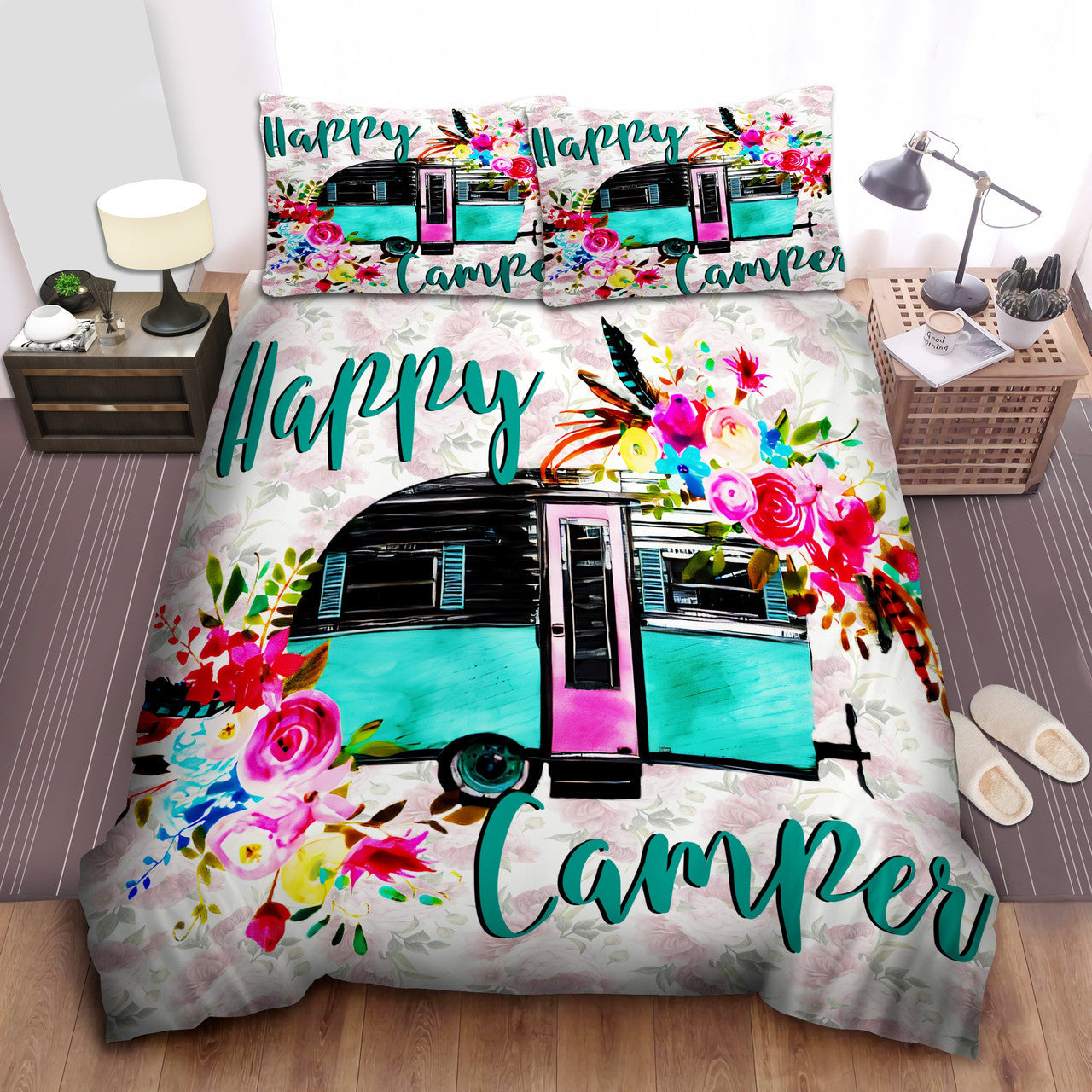 Camping Bedding Set Happy Camper Vans Flowers Duvet Covers Colorful Unique Gift