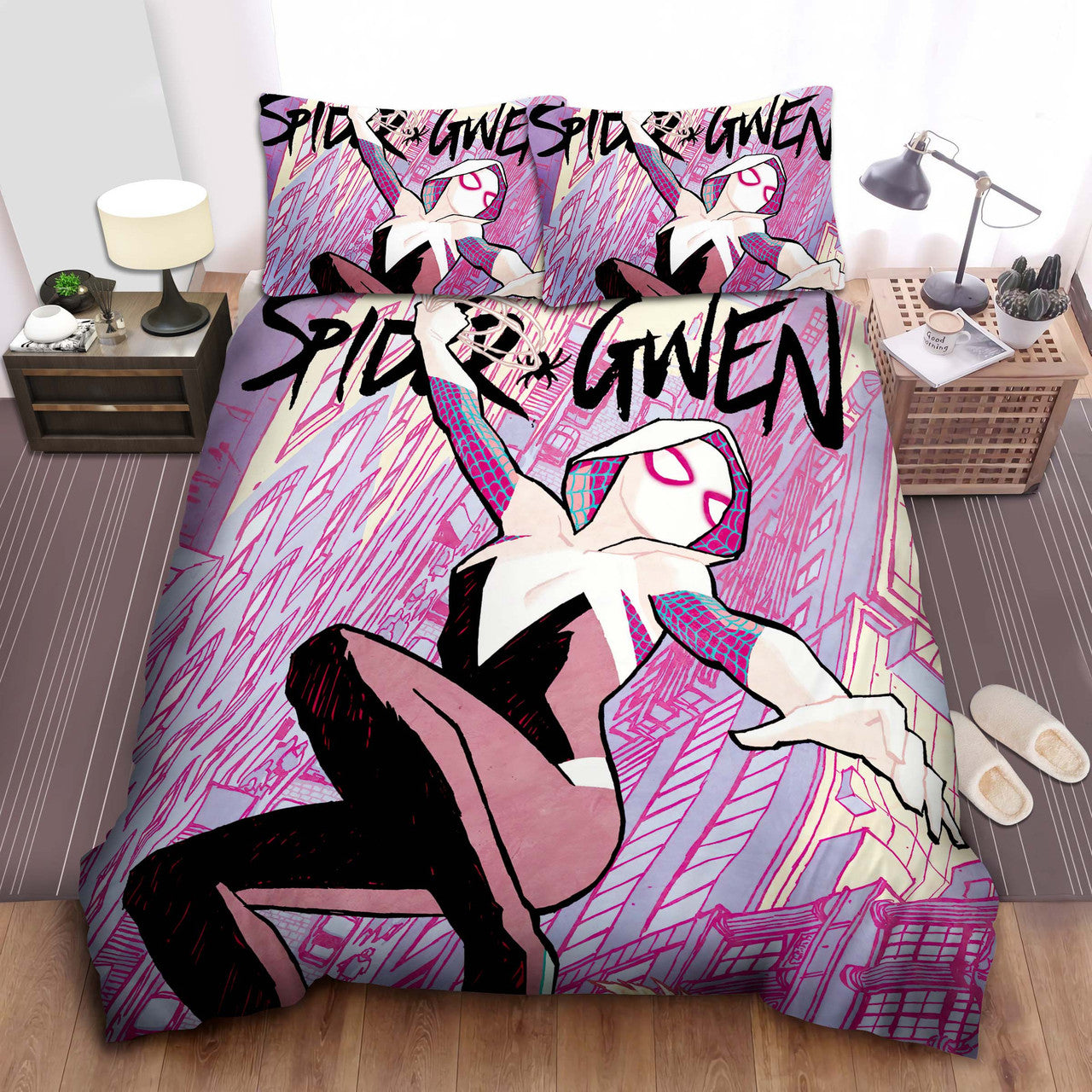 Spiderman Bedding Set MV Spider-Gwen Into The Spider Verse Duvet Covers Pink White Unique Gift