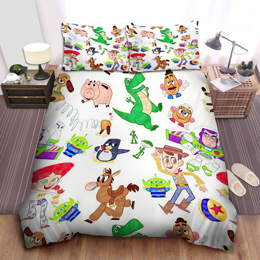 Toy Story Bedding Set DN Characters In Doodle Pattern Duvet Covers White Unique Gift