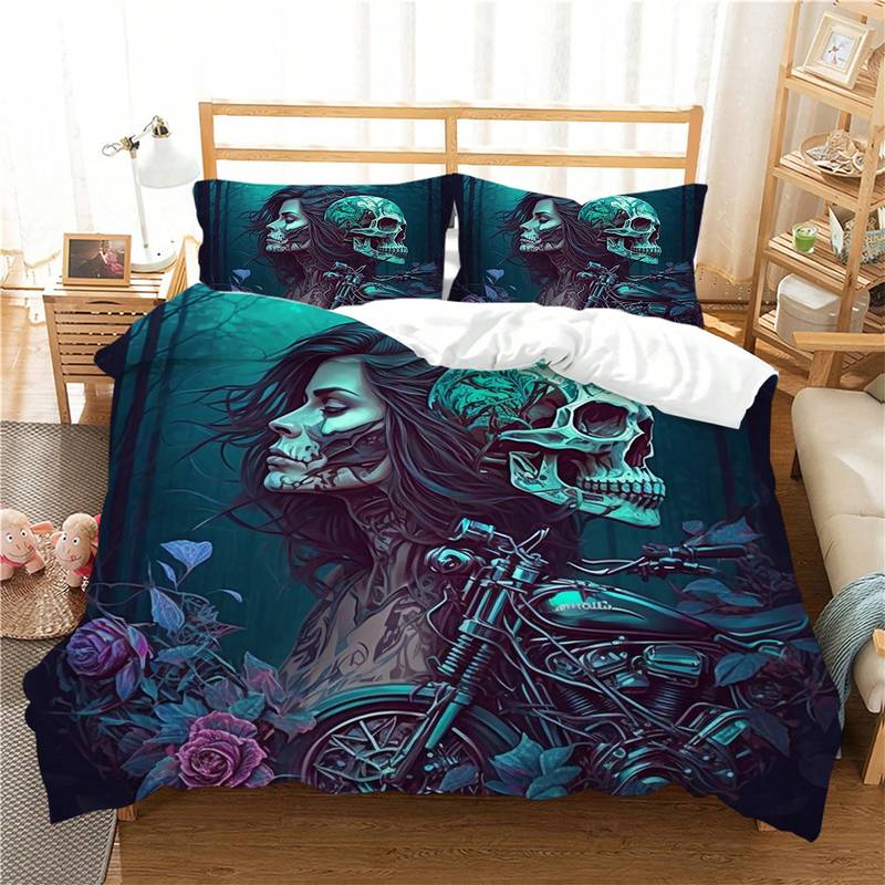 Skull Bedding Set Beauty And Skull With Bike Duvet Covers Blue Unique Gift