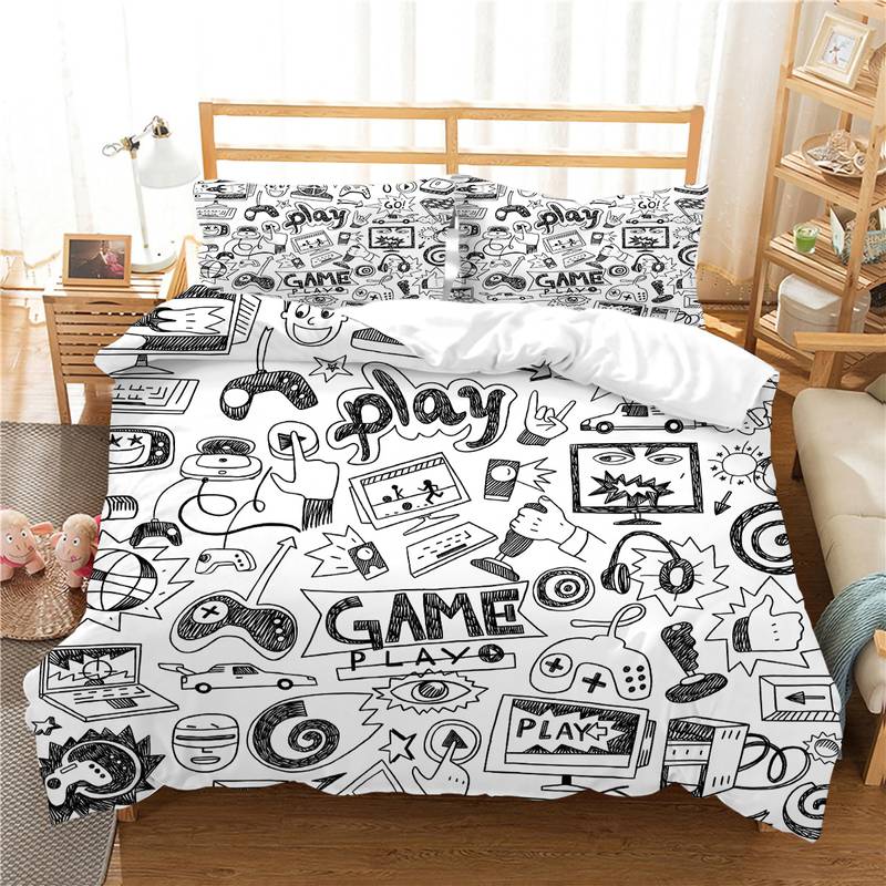 Game Bedding Set Play Game Graffiti Game Items Duvet Covers Black White Unique Gift