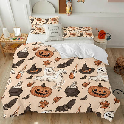 Halloween Bedding Set Pumpkin Ghost Bat Witch Hat Pattern Duvet Covers Colorful Unique Gift