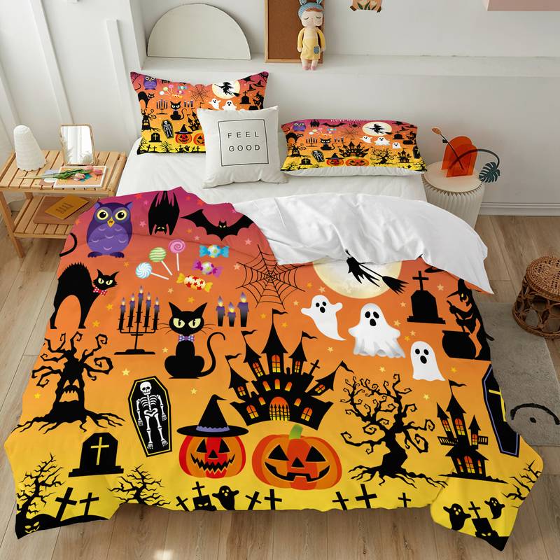 Halloween Bedding Set Pumpkin Ghost Tombstone Pattern Duvet Covers Orange Unique Gift