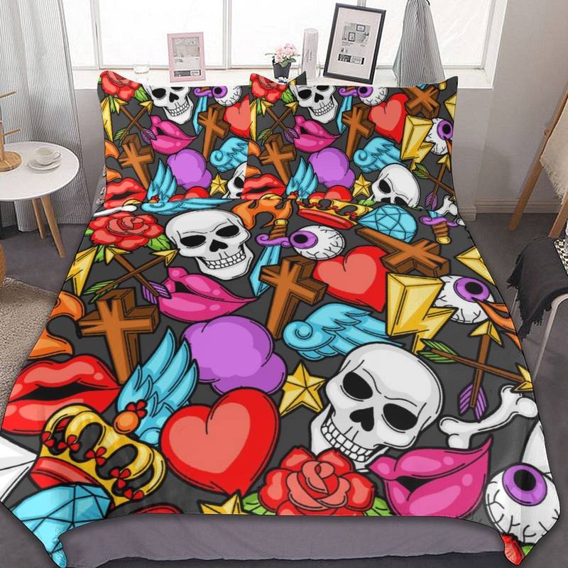 Skull Bedding Set Cartoon Skull Rose Cross Heart Duvet Covers Colorful Unique Gift