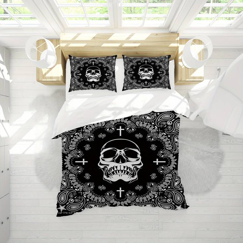 Skull Bedding Set Flowers Cross Skull Pattern Duvet Covers Black White Unique Gift