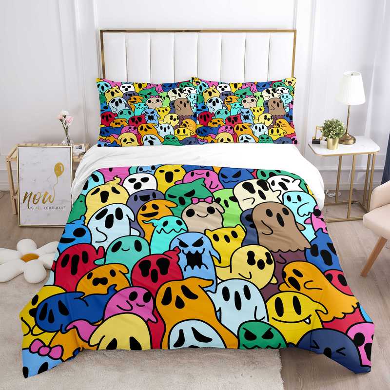 Halloween Bedding Set Cute Cartoon Ghost Doodle Pattern Duvet Covers Colorful Unique Gift