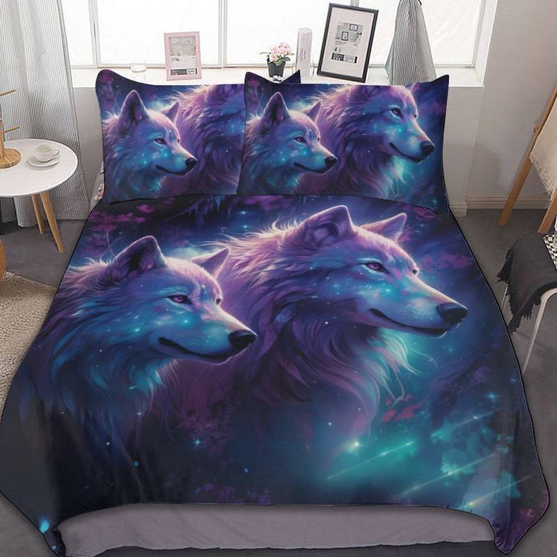 Wolf Bedding Set Two Wolfs In Starry Sky Duvet Covers Purple Unique Gift