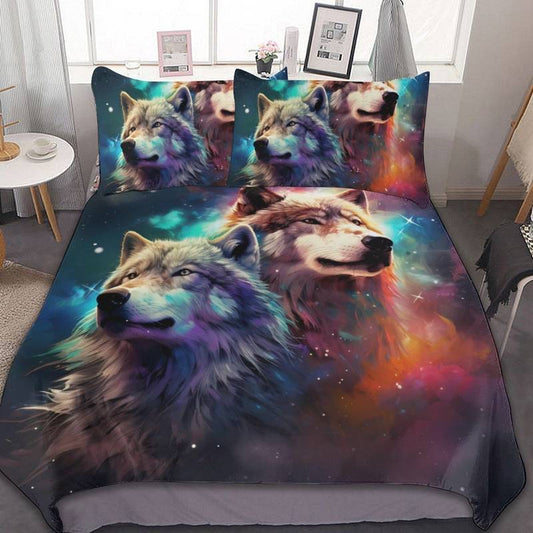 Wolf Bedding Set Starry Sky Dreamy Wolf Galaxy Duvet Covers Purple Unique Gift