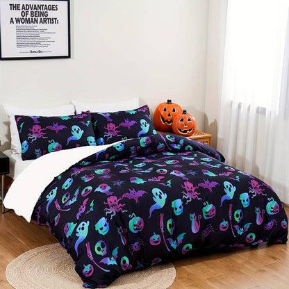 Halloween Bedding Set Ghost Skull Bat Pattern Duvet Covers Black Unique Gift