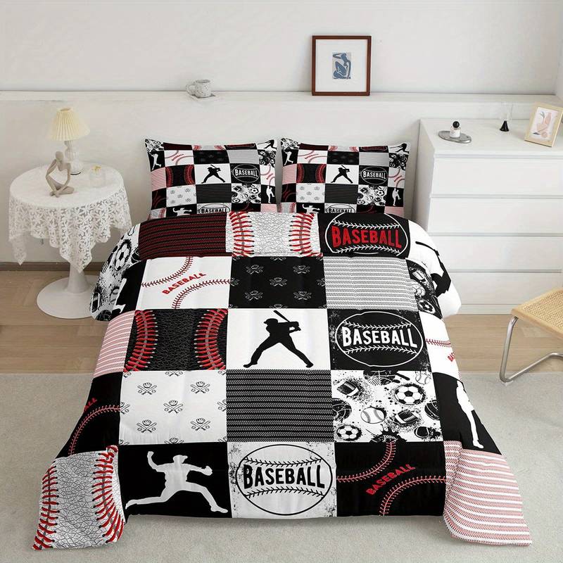 Baseball Bedding Set Baseball Player Poses Pattern Duvet Covers Black White Unique Gift