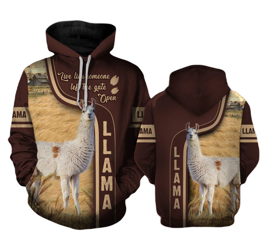 Llama Hoodie Live Like Someone Left The Gate Open Hoodie Brown Unisex