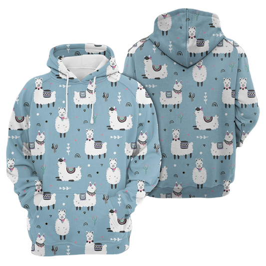 Llama Hoodie Cute Llama On Field Pattern Hoodie Blue Unisex