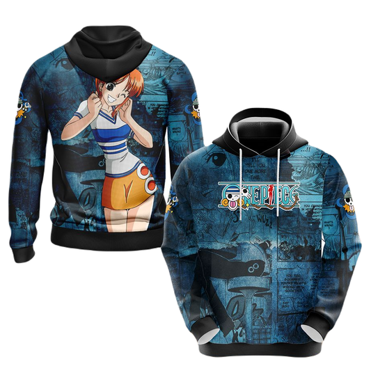 One Piece Hoodie One Piece Nami Graphic Manga Style Hoodie Blue Unisex