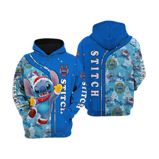 Stitch Zip Hoodie Santa Claus Stitch Christmad Eve Zip Hoodie Blue Unisex