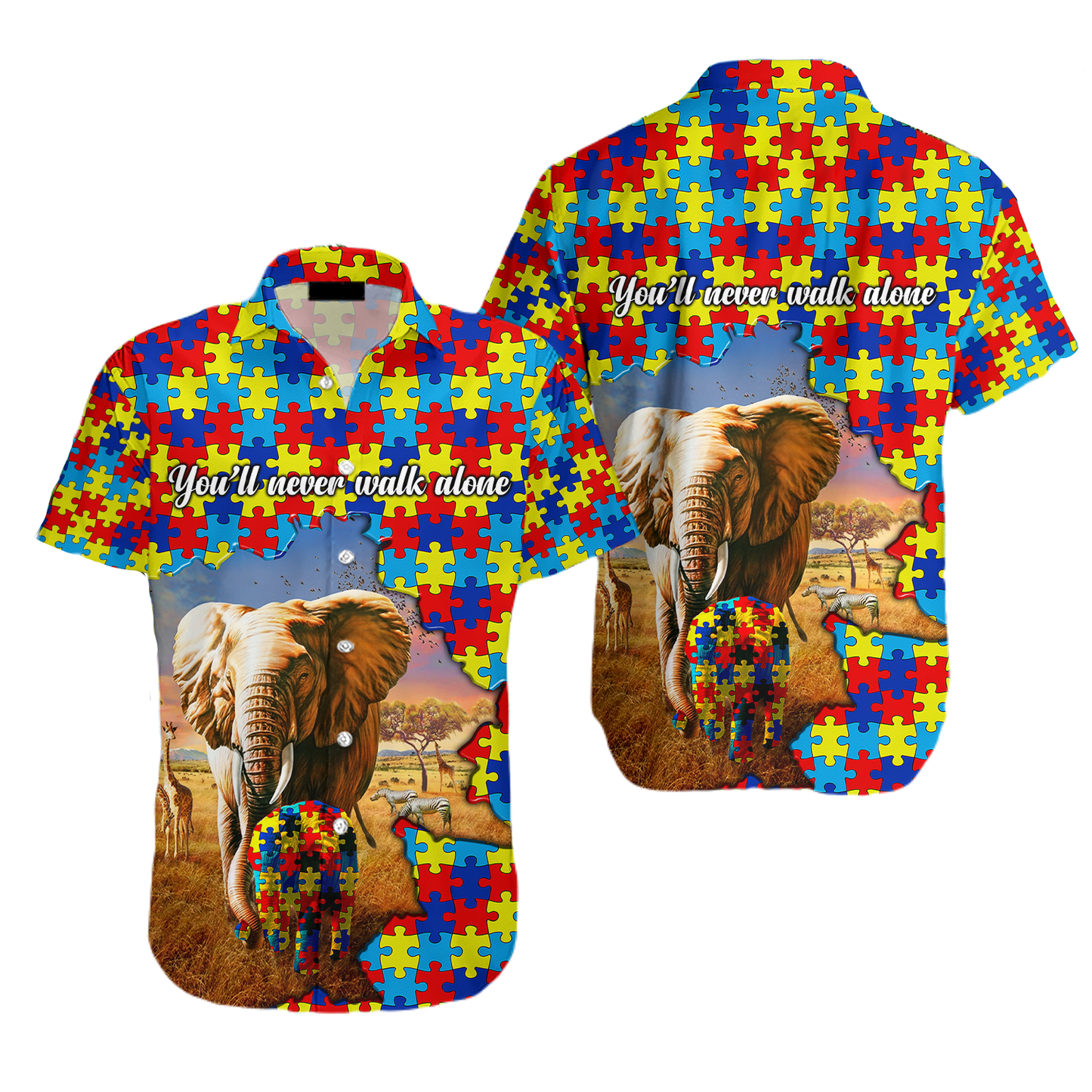 Autism Hawaii Shirt You'll Never Walk Alone Elephant Graphic Aloha Shirt Colorful Unisex