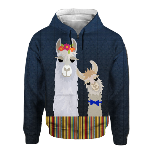 Llama Zip Hoodie Llama Mama Cute Graphic Zip Hoodie Blue Unisex