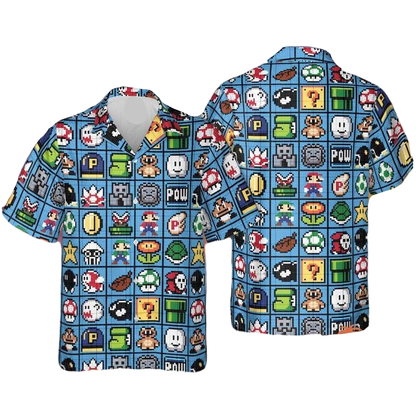 Mario Hawaii Shirt Super Mario 8Bit Game Items Pattern Aloha Shirt Blue Unisex