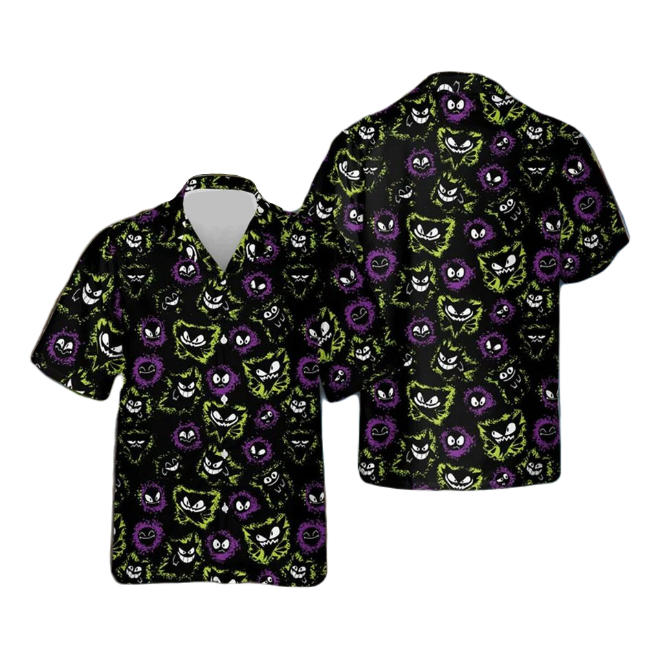 PKM Hawaii Shirt PKM Gengar Ghost Evolution Pattern Aloha Shirt Black Unisex