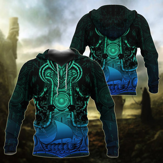  Viking Hoodie Viking Mjolnir Hammer Drakkar Boat Green Blue Hoodie Adult Full Size Full Print