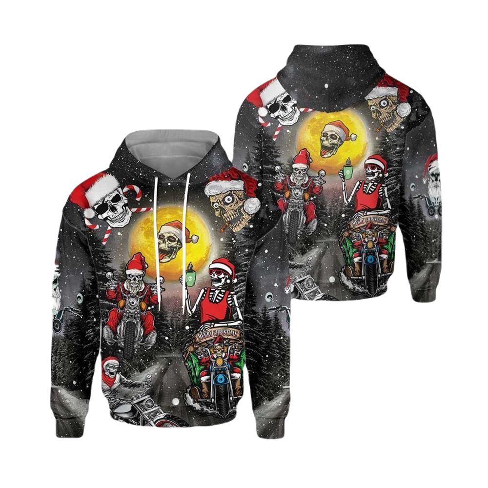 Motorcycle Hoodie Skull Santa Motorcycle Merry Christmas Hoodie Black Unisex