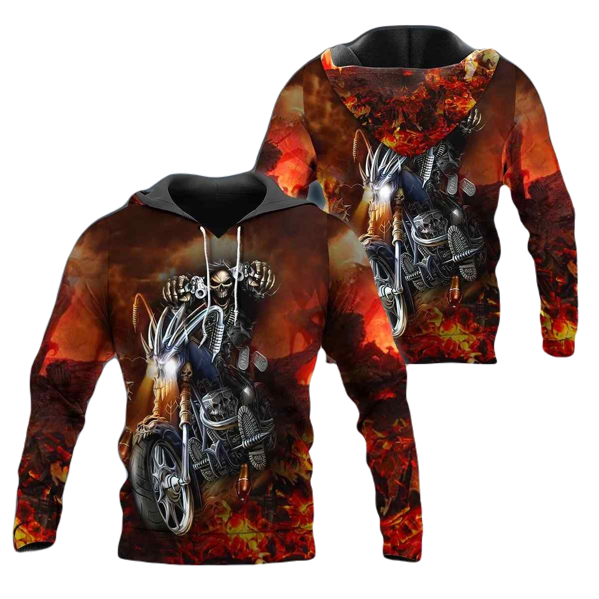 Motorcycle Hoodie Fire Skeleton Biker On Motorcycle Hoodie Red Black Unisex