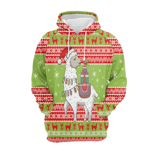 Llama Hoodie Llama With Christmas Lights And Gifts Hoodie Green Red Unisex