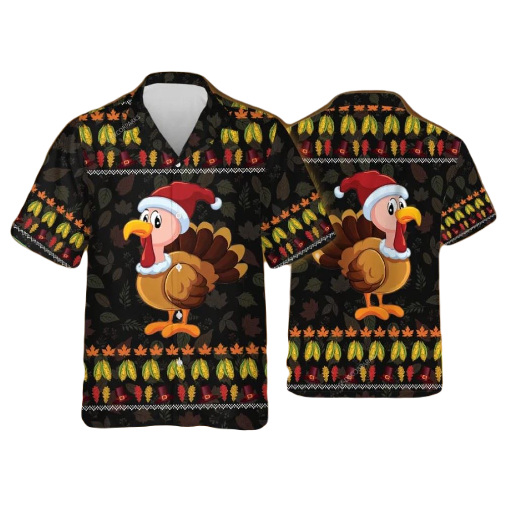 Thanksgiving Hawaii Shirt Christmas Turkey Corns Maple Leaves Aloha Shirt Black Unisex