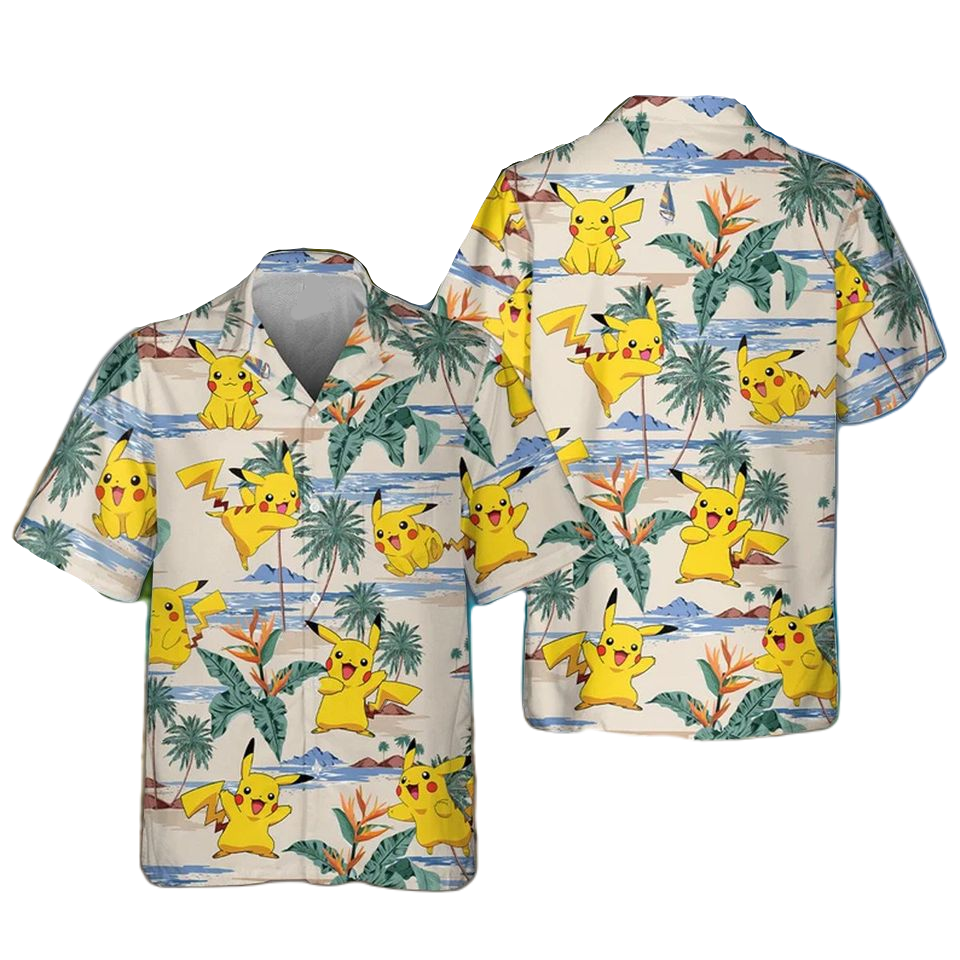 PKM Hawaii Shirt PKM Pikachu Tropical Islands Pattern Aloha Shirt Colorful Unisex