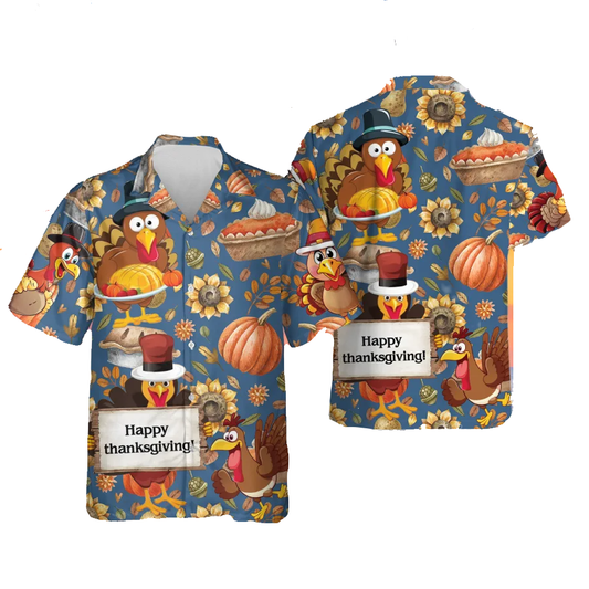 Thanksgiving Hawaii Shirt Happy Thanksgiving Autumn Pumpkin Aloha Shirt Blue Unisex