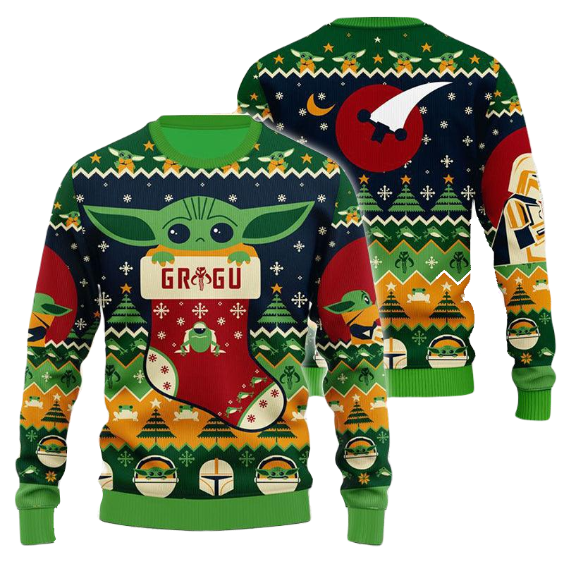 SW Sweatshirt Grogu In Sock Christmas Pattern Sweatshirt Green Unisex