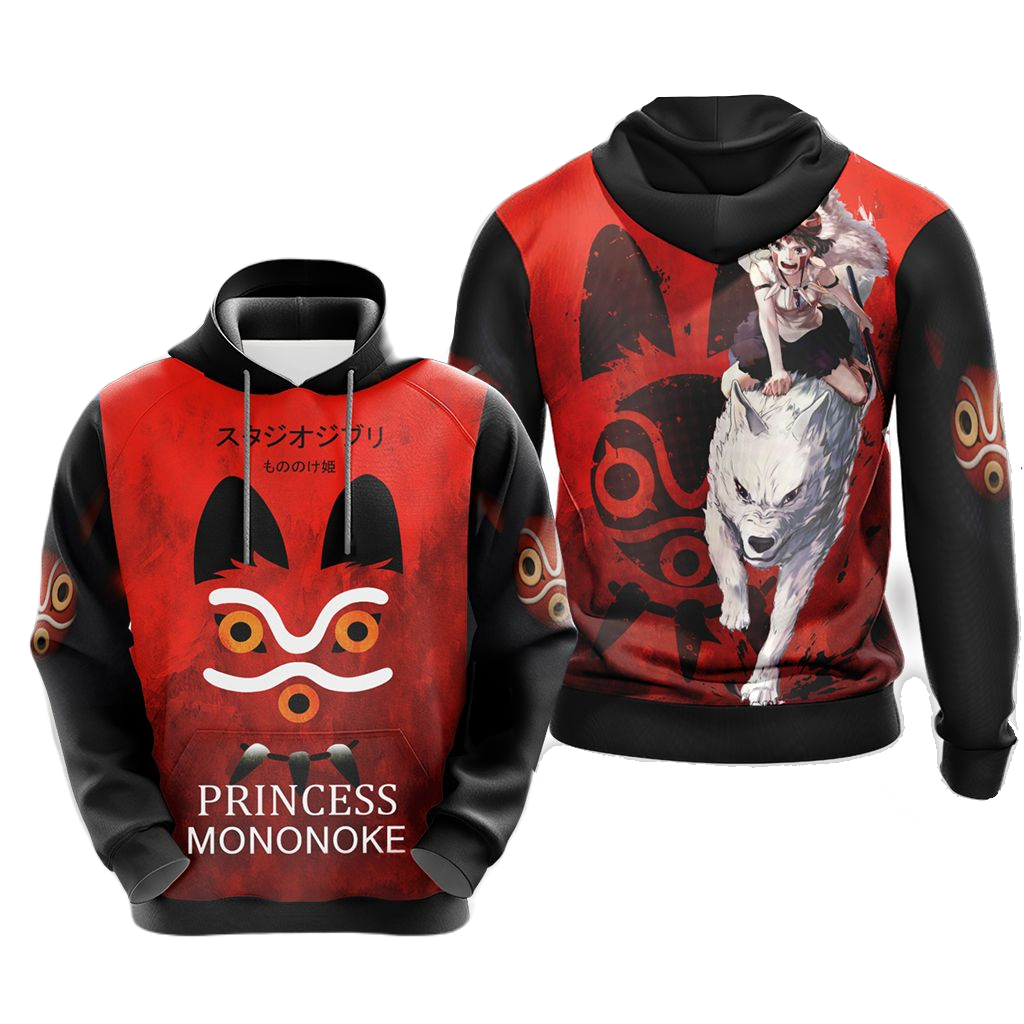 SGhibli Hoodie Princess Mononoke And Wolf Graphic Hoodie Black Red Unisex