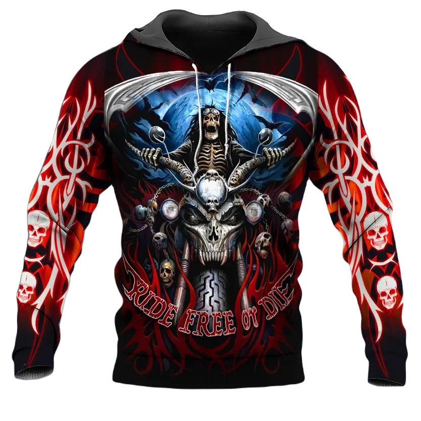 Motorcycle Hoodie Ride Free Biker Skeleton Graphic Hoodie Red Black Unisex