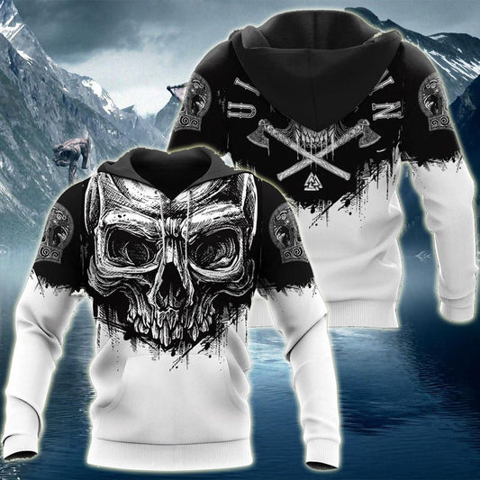  Viking Hoodie Ulfhedinn Art Skull Axe Black White Hoodie Adult Full Size Full Print