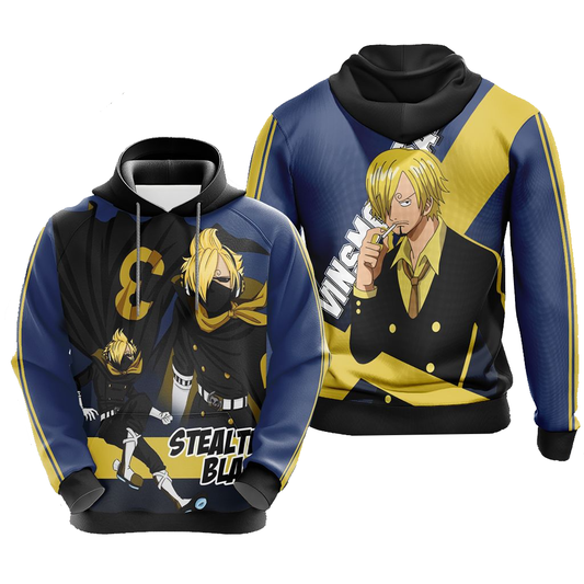 One Piece Hoodie Vinsmoke Sanji Stealth Black Graphic Hoodie Blue Yellow Unisex