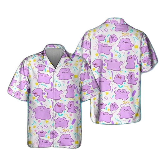 PKM Hawaii Shirt PKM Ditto Graphic Pattern Aloha Shirt Pink White Unisex