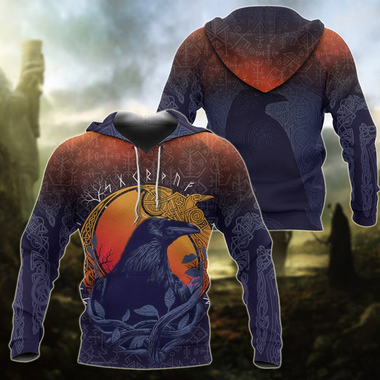  Viking Hoodie Viking Raven And Moon Norse Art Style Red Blue Hoodie Adult Full Print