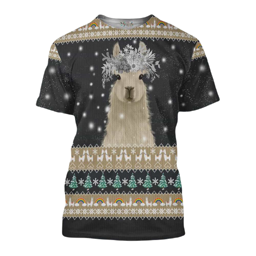 Llama Hoodie Llama Flower Wreath Christmas Pattern T-shirt Black Unisex