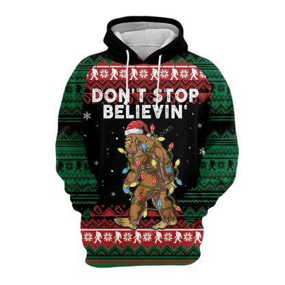 Bigfoot Hoodie Bigfoot Don't Stop Believin Christmas Light Hat Hoodie Red Green Unisex